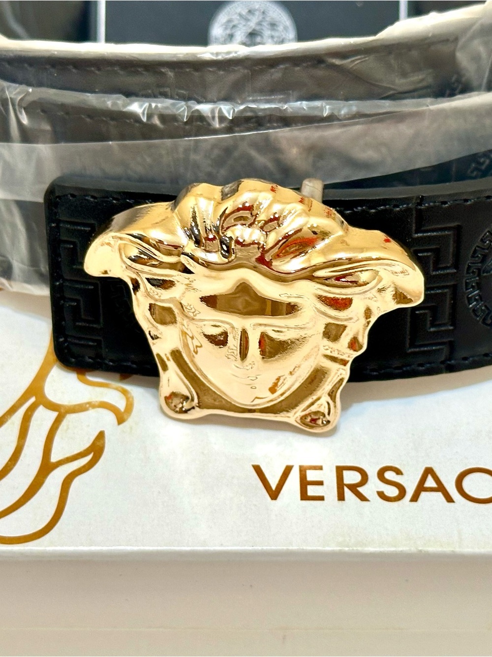 Versace Black Leather Belt with Gold Medusa Buckle